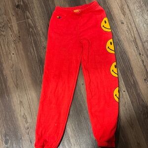 Aviator Nation Kids Red Joggers with Yellow Smiley Faces